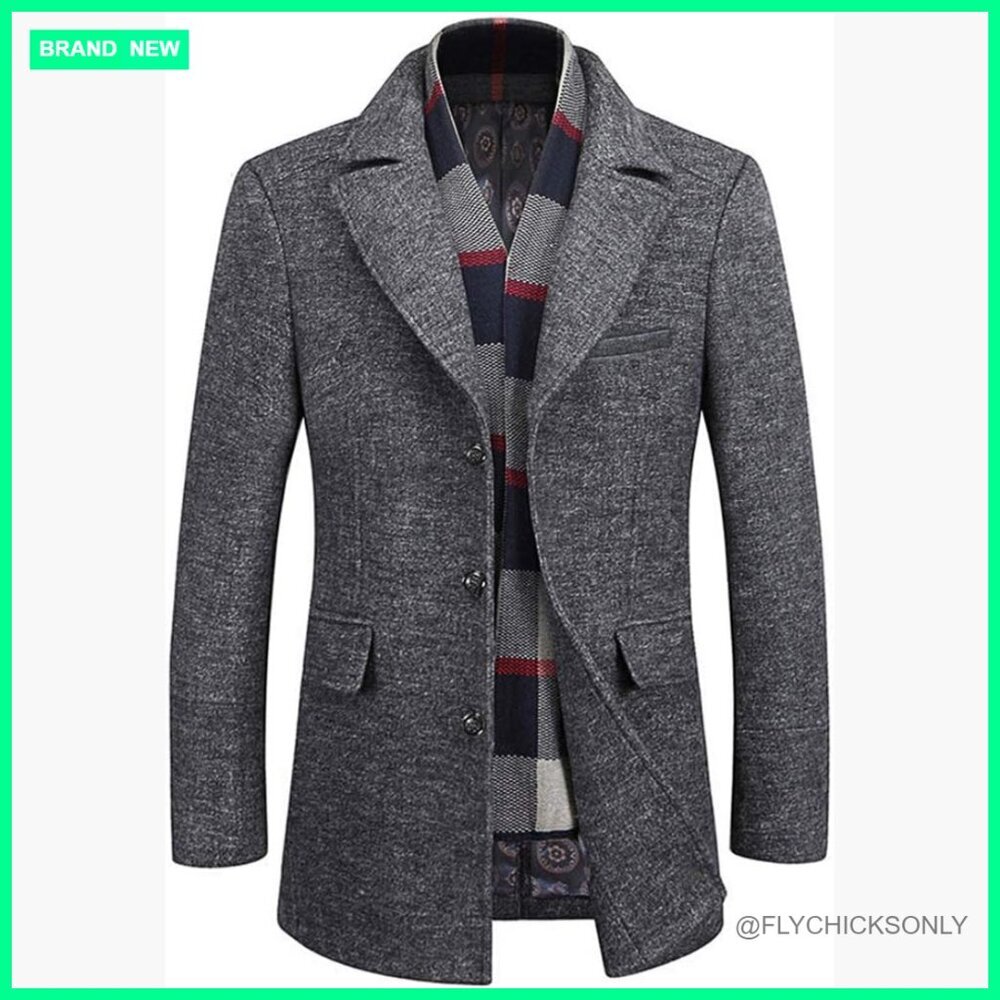 Wool Blend Slim Fit Trench Coat with Detachable Scarf